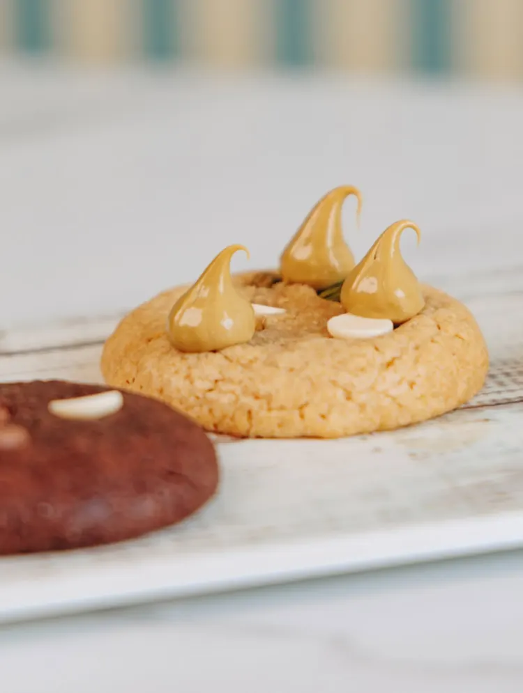 Biscotti cookie farciti su un piatto bianco
